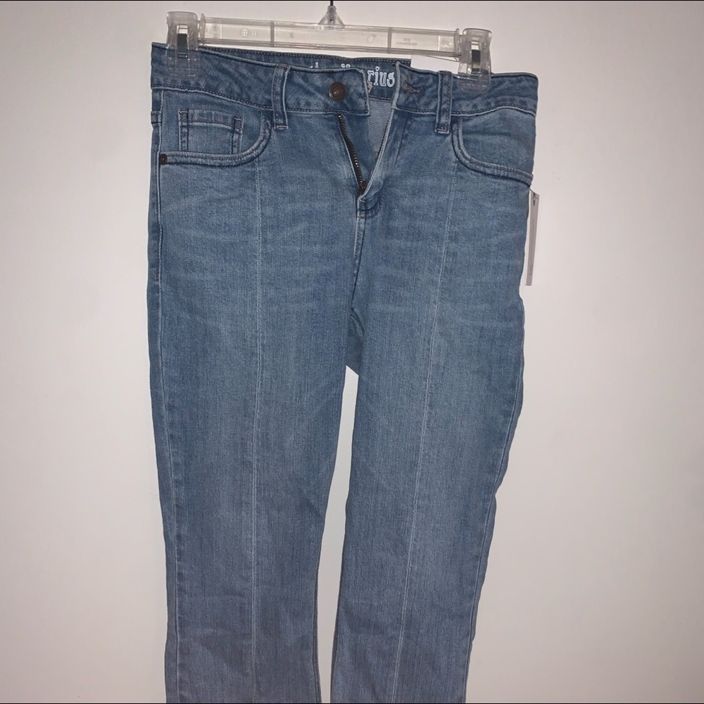 flare jeans with slit & pearl decal at the bottom